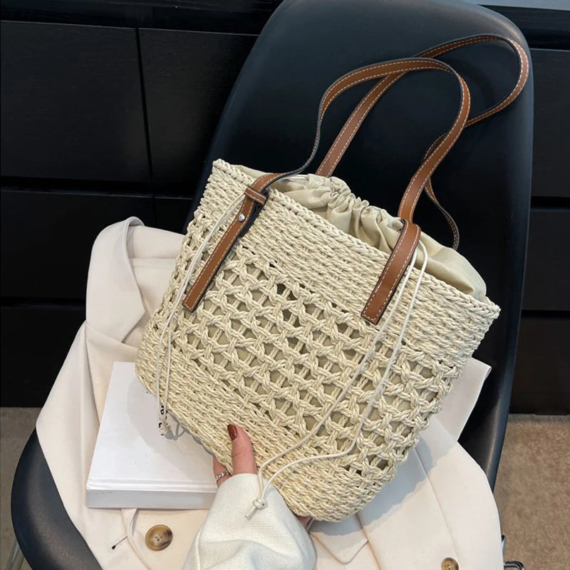 Designer Casual Rattan Wicker Tote Bag Large Capacity Woven Women's Summer Beach Straw Handbag Lady Travel Big Basket