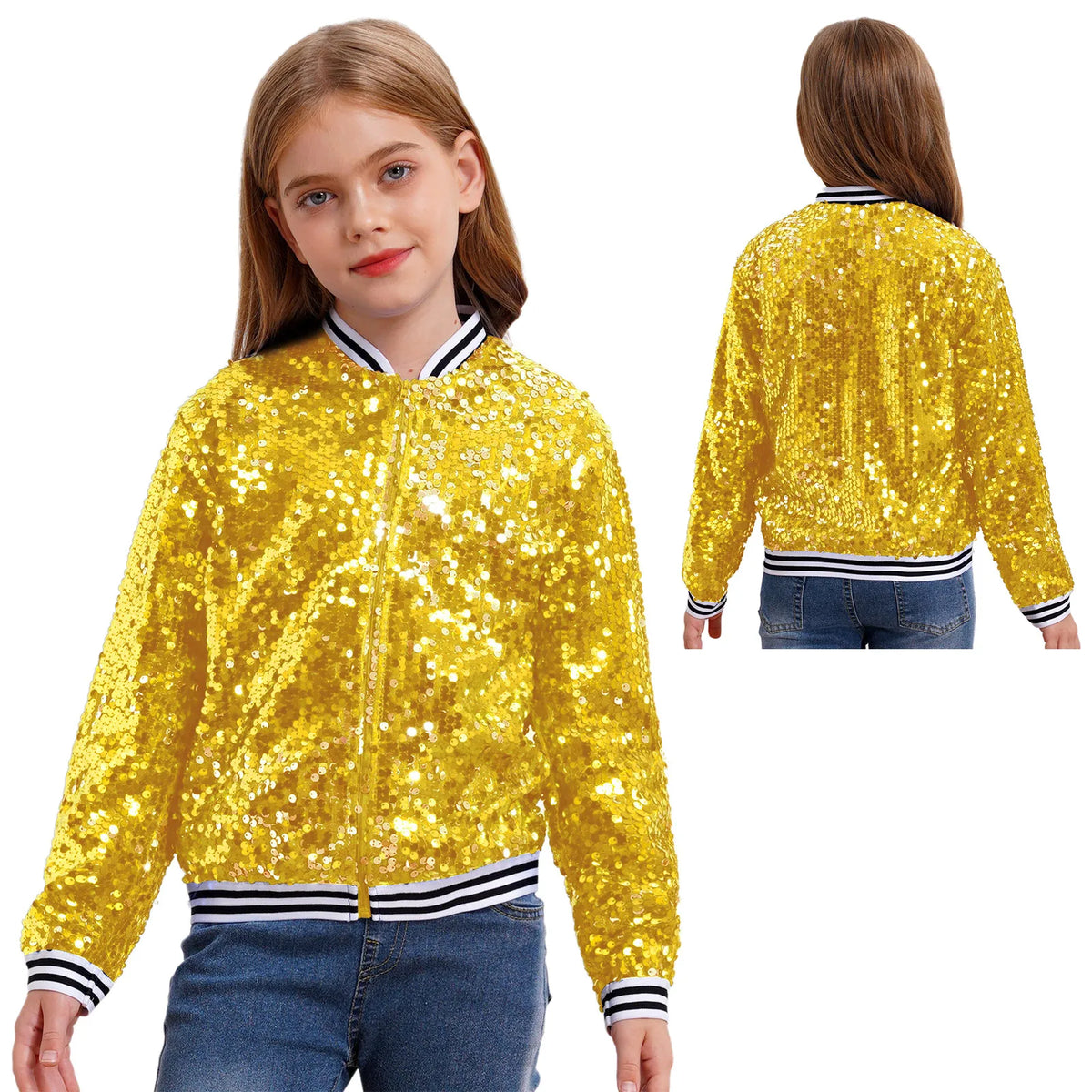 Kids Girls Long Sleeve Fashion Sequin Baseball Jacket Bomber Coat Hip Hop Jazz Street Dance Cheerleading Performance Dancewear