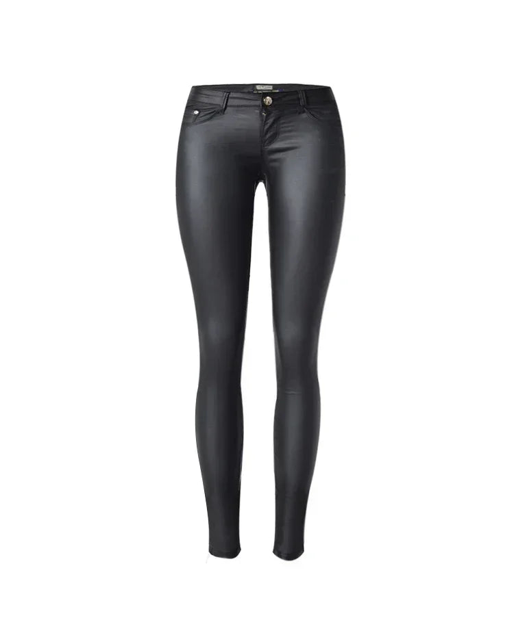 Women's Leather Pant Low Rise Stretch Coated PU Faux Leather Trousers for Women