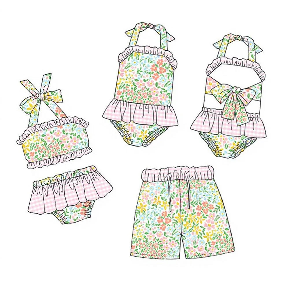 Wholesale Floral Swimmies Kids Strappy Ruffle Swimsuit Set One-Piece Swimsuit Boys Swim Trunks Boutique Children's Swimsuits