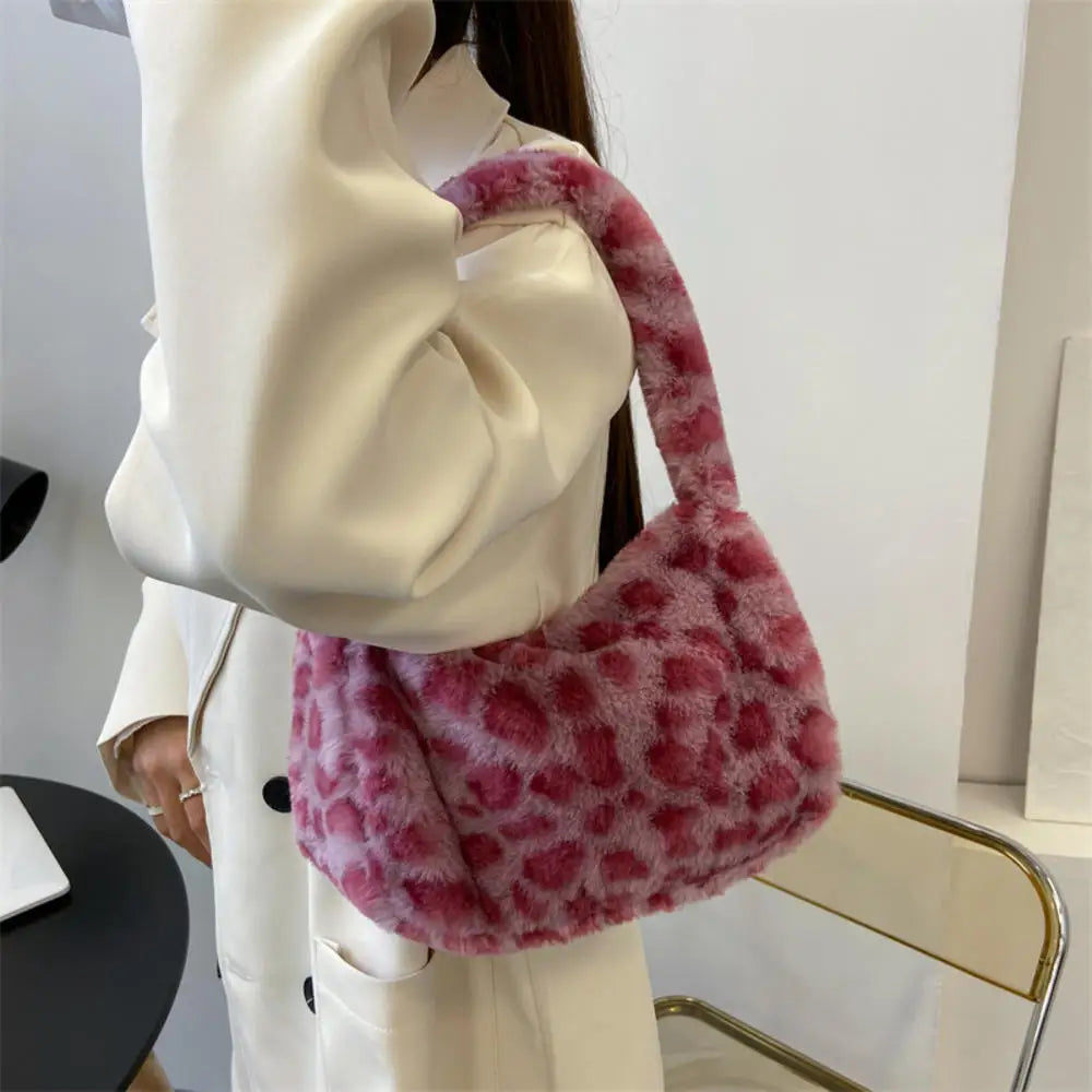 ISKYBOB Women's Soft Plush Shoulder Bag Winter Fashion Casual Solid Color Leopard Pattern Underarm Bag Female Handbags Tote Bag