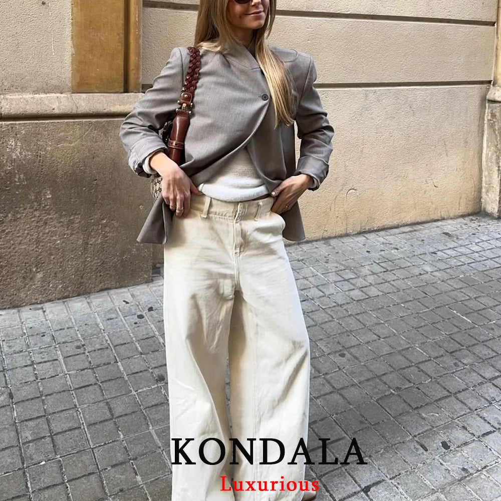 KONDALA Vintage Office Lady Gray Solid Blazer Stand Collar Long Sleeve Loose Blazer Fashion 2026 Spring Summer Casual Blazer
