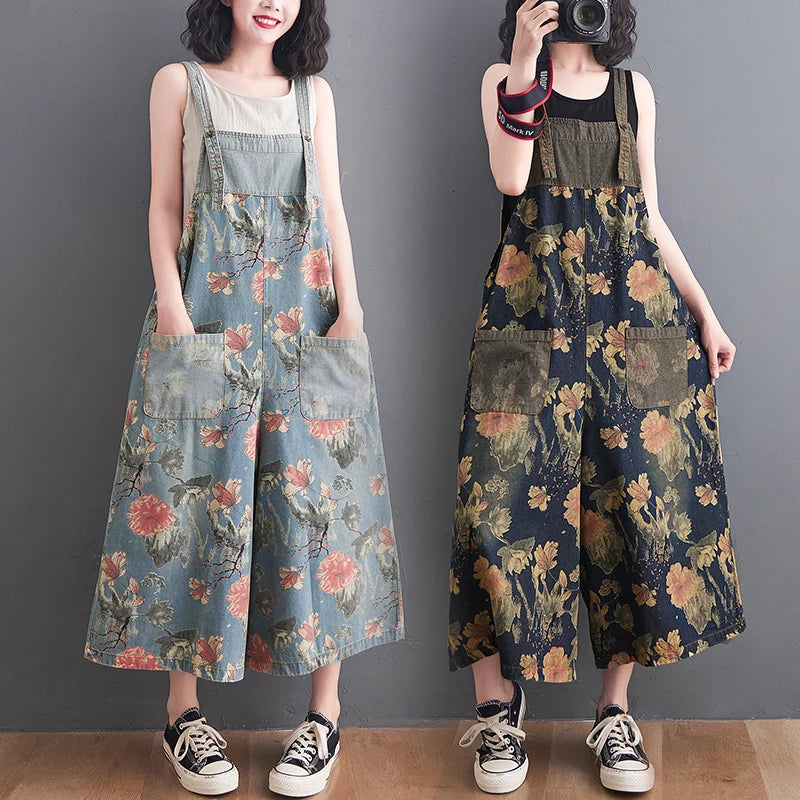 Casual Denim Overalls Women's Wide Leg Pants Summer New Sle plus Size Meat Covering Print High Waist Nine Points Jeans