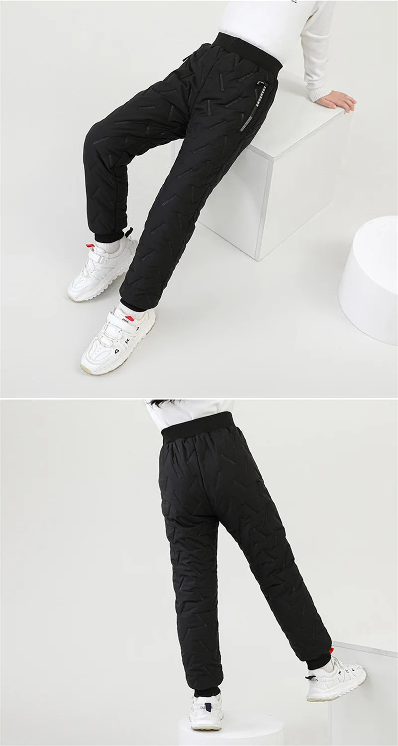 Boys Girls Padded Cotton Pants Winter Kids Plus Velvet Thick Warm Trousers Teen Waterproof Pants Children Clothes 4-14 Years