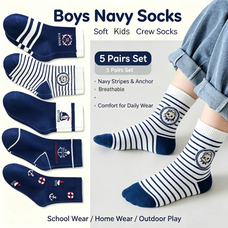 Captain Baby Socks Spring Summer Cotton Socks Kids Boys Calf-length Striped Socks Children's  Sport Socks 5 Pairs