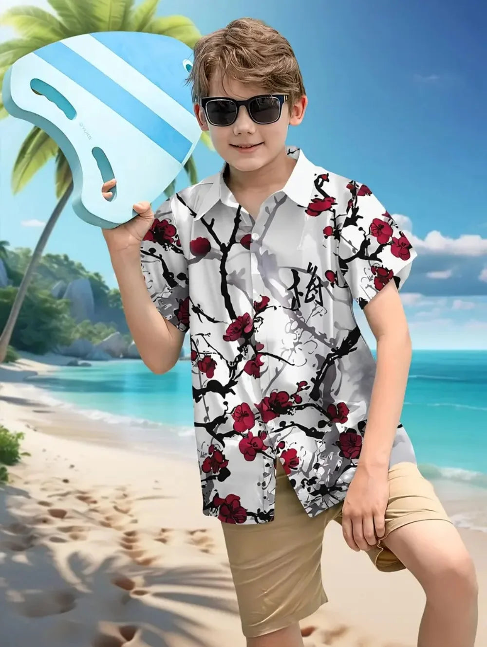 Kid's Boys Top Fashion Personality Print Pattern Stand-Up Collar Short Sleeved Shirt Summer Clothes for Children Boy's 3-9 Years