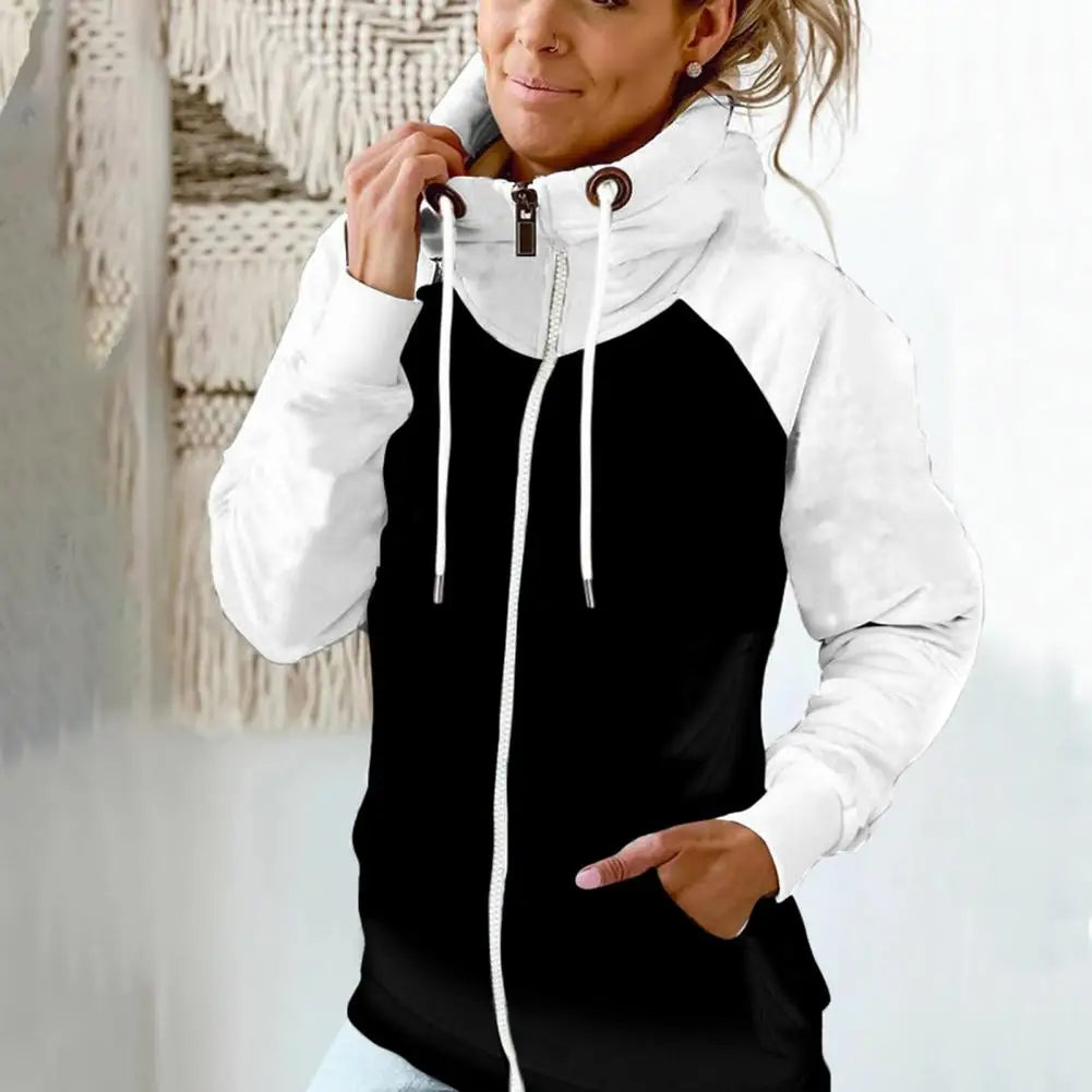 Drawstring Women Hoodie Zipper Hooded Fleece Contrast Color Cardigan Casual Lady Hoodie Casual Autumn Hoodie Lady Sweatshiet