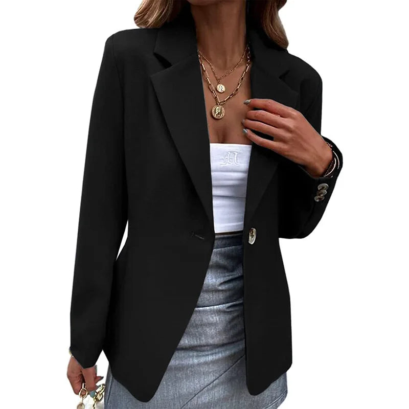 Spring Women's Office Blazers Long Sleeve Solid Color One-button Simple Casual Basic White Khaki Jacket Black Coats