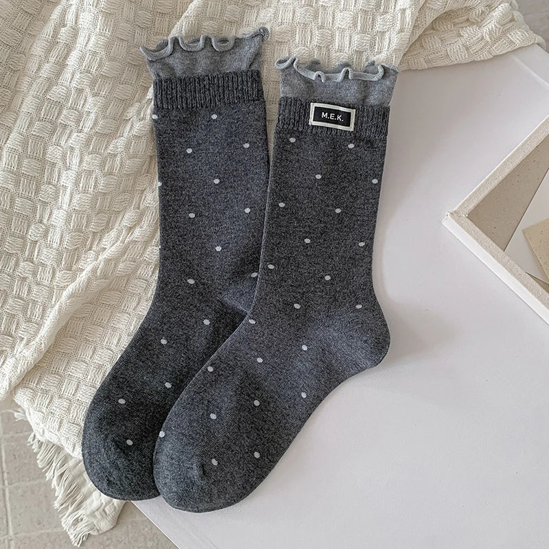 Socks For Women New Dots Cute Frilly Casual Fashion Long Socks Breathable Preppy Style Ladies Novelties Socks Cotton Soft Comfy