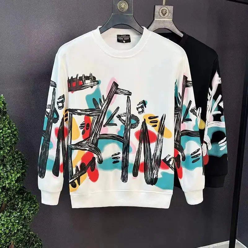Premium Graffiti Hoodie Men's Trendy T-shirt Spring and Autumn Long Sleeve 2024 New Winter Coat with Velvet