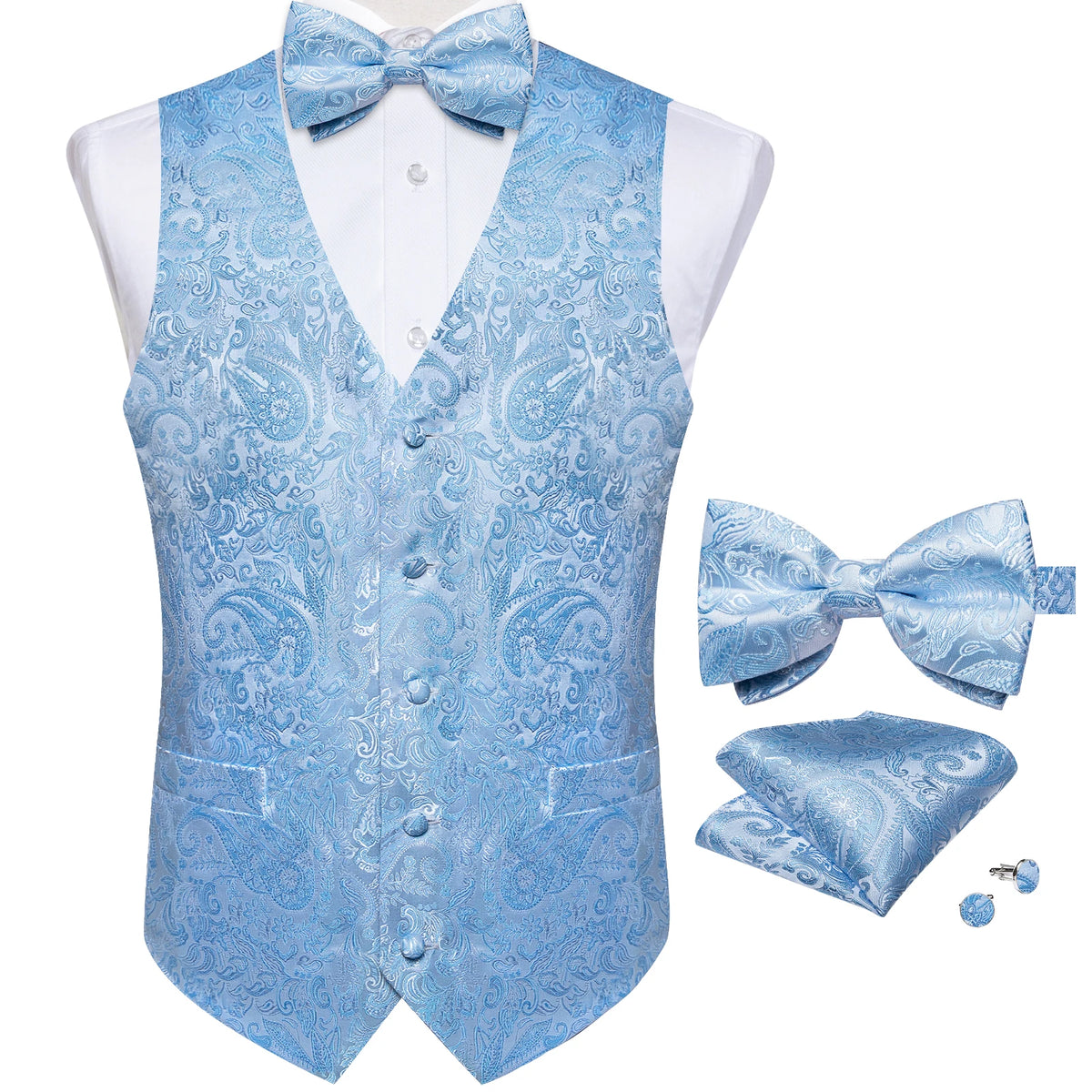 Wedding Classic Red Paisley Dress Vest for Man Fashion V-neck Luxury Men's Business Waistcoat Bowtie Pocket Square Cufflinks Set