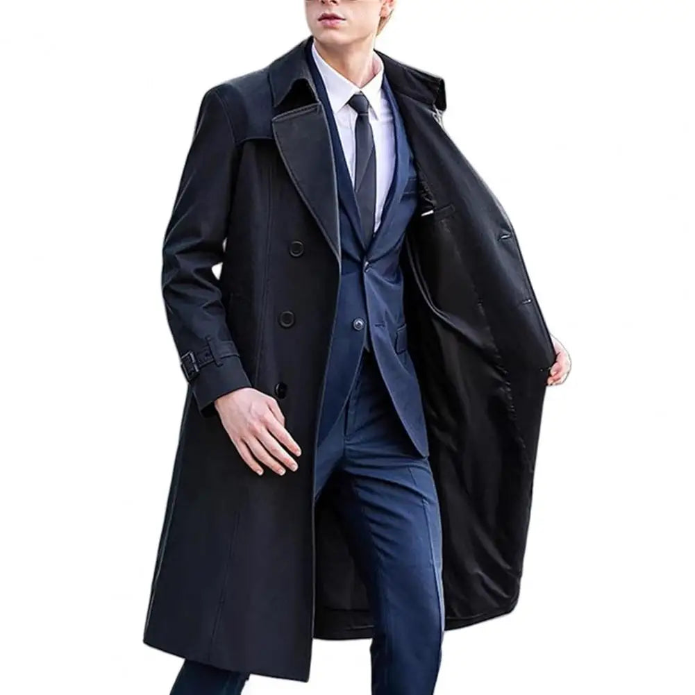 Men Windbreaker Coat Lapel Long Sleeve Double Breasted Mid-Length Trench Solid Color Casual Business Outerwear