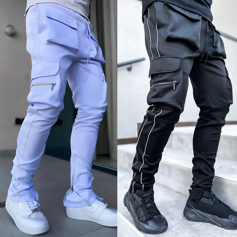 Summer Men's Jogging Sports Pants Multi-Pocket Sweatpants Running Trousers Men's Casual Joggers Cargo Reflective Hip Pop Pants