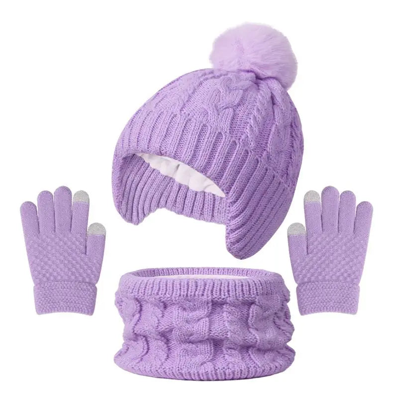3Pcs/set Children Hat Scarf Gloves Winter Plush Velvet Knitted Hats for Girls Boys Cute Pompom Beanie Kids Warmer Accessories