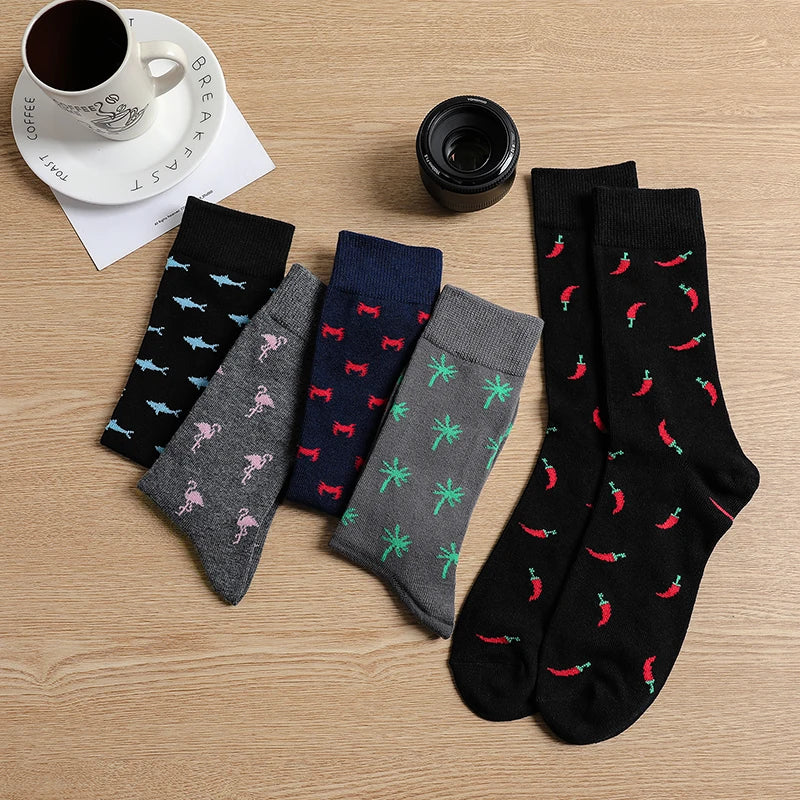 5 Pairs Men's Socks Cotton Business New Fashion Funny Sock With Print Animals Cartoon Middle Sock Male Casual Dresses Clothing