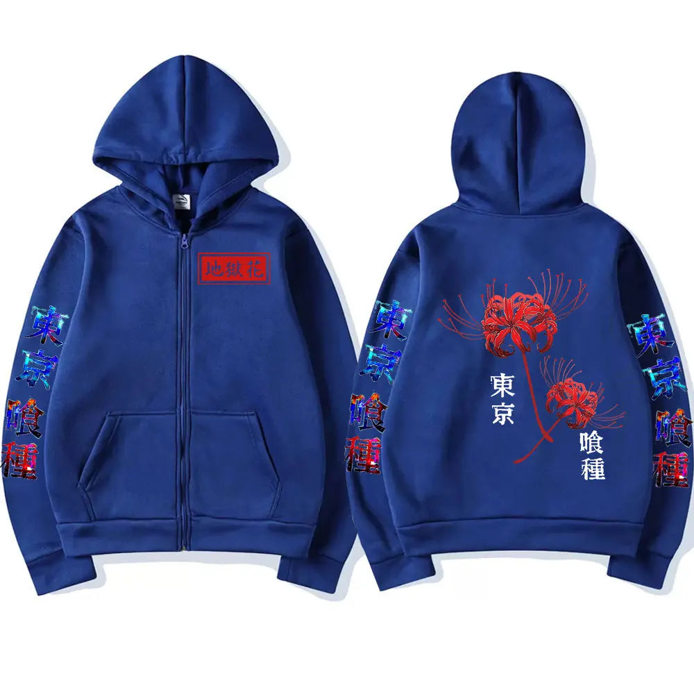 Anime Tokyo Ghoul Spider Lily Zipper Hoodie Kanekiken Manga Graphic Print Hooded Zip Up Sweatshirts Oversize Men's Jackets Coats