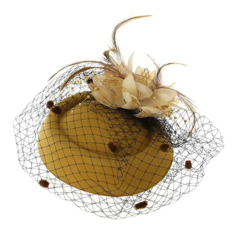 Fascinator Hats for Women Pillbox Cap with Flower Furry Mesh Veils and Hair Clip Party Headwear Headdress