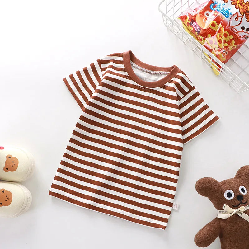 1pcs Kid 100% Cotton Short Sleeve T-shirt Summer Baby Comfortable Clothes Boys Girls Stripe Tee Children Breathable Leisure Tops
