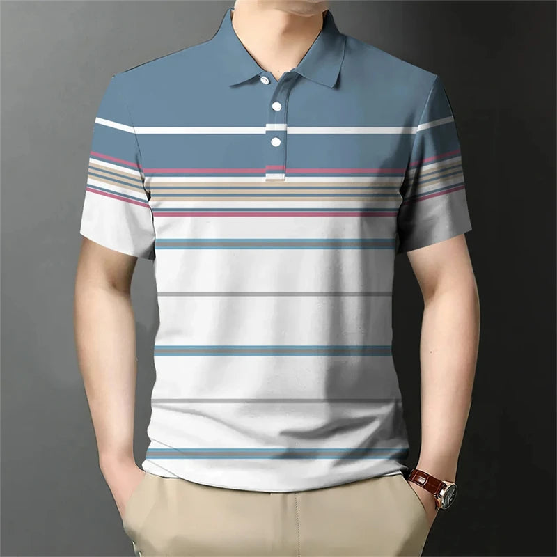 Retro Stripe Graphic Polo Shirts For Men Simple Fashion Daily Wear 3D Printed Father Polo Shirt Casual Breathable Oversized Tops