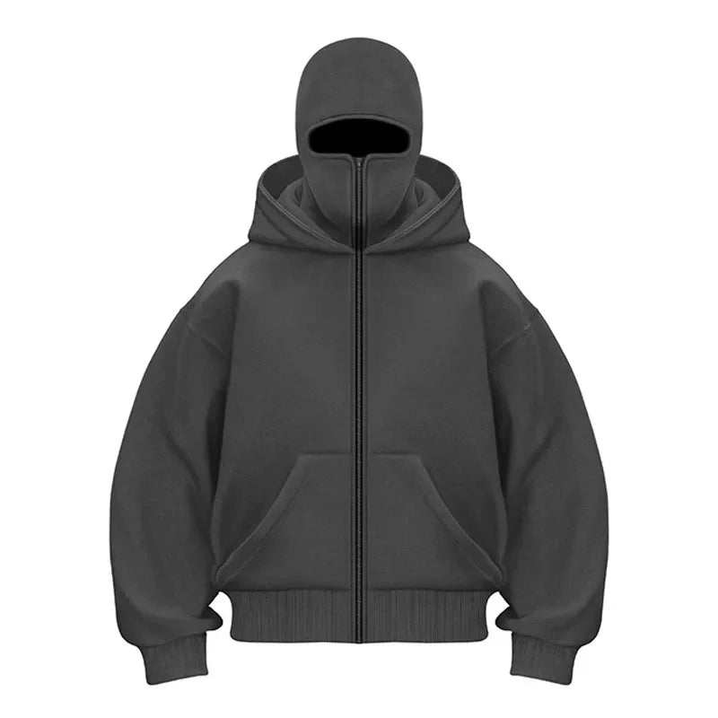 Balaclava Men Zip Hoodie Winter Warm Casual Sweatshirt Y2K with Hooded Face Mask Zipper Design Sports Jacket Outdoor Activities