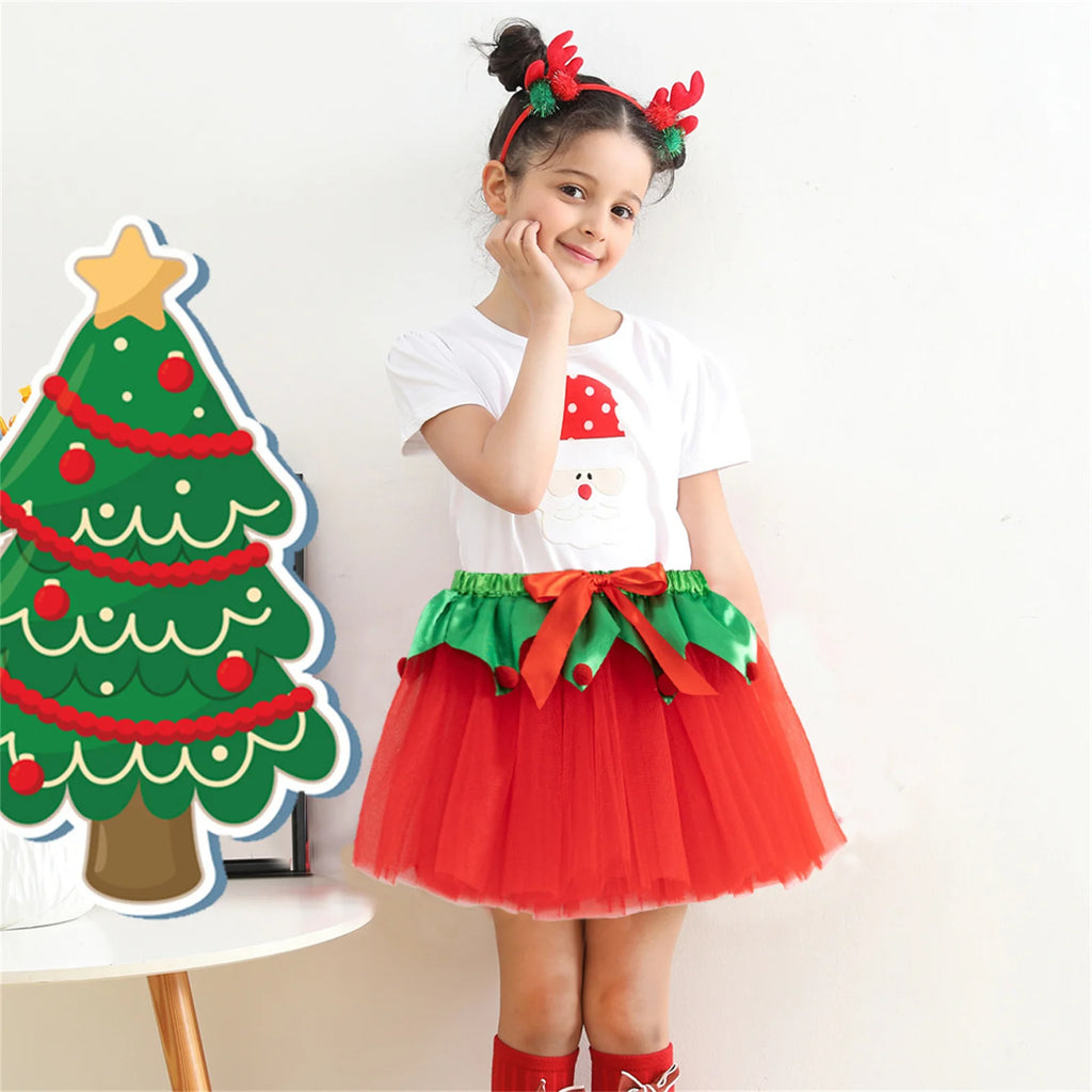 Kids Christmas Costume Dress and Headgear Cosplay Outfits for Children Girls Stage Party Mesh Tutu Skirt Dancewear Clothes