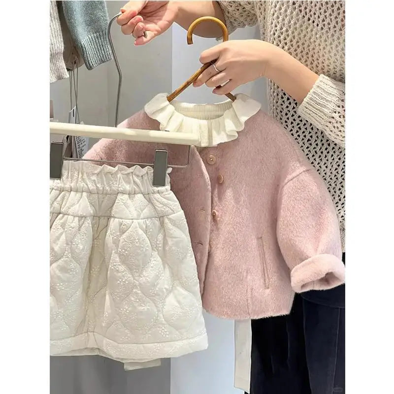 Girls Autumn Winter Coat New Pink Woolen Jacket Kids Thick Warm Outerwear Stylish Baby Clothes Children Clothing