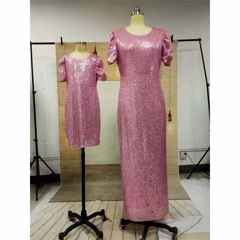 Mom Daughter Dresses Family Matching Outfits New Wedding Sequins Dress Kids Girls Fashion Short Sleeve Long Dress