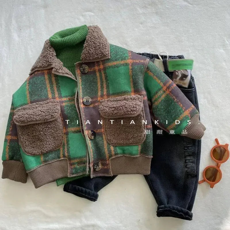Jackets & Coats Kids' Korean Fur Lapel Coat Green Checked Fleece Jacket Single-Breasted Winter Coat for Boys & Girls