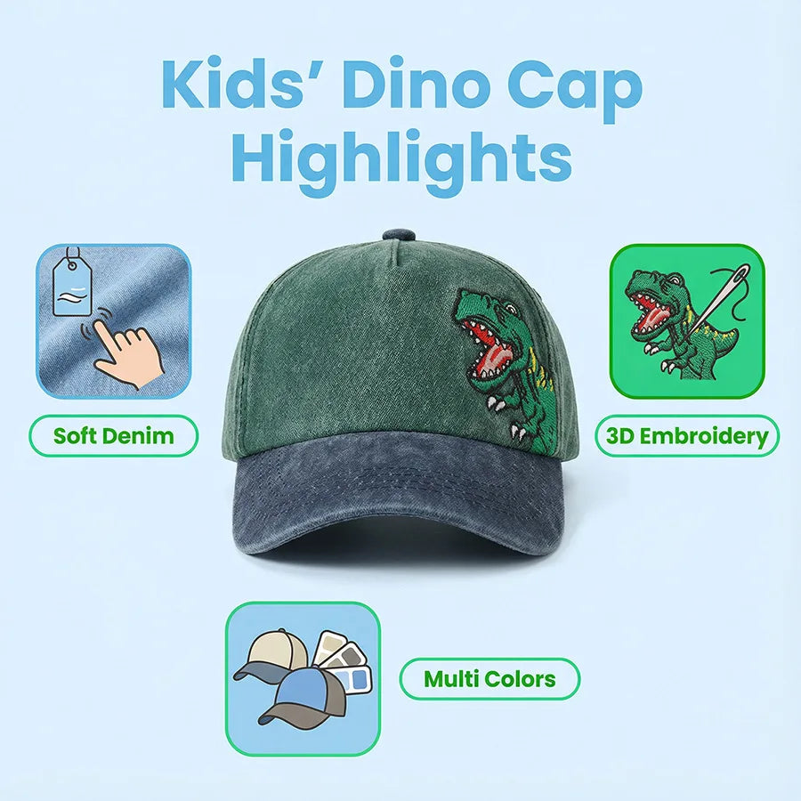 Children's Baseball Caps - Boys and Girls, Plaid Cotton Floppy Baseball Caps, Trendy Kids' Small Dinosaur Sun Protection Hats
