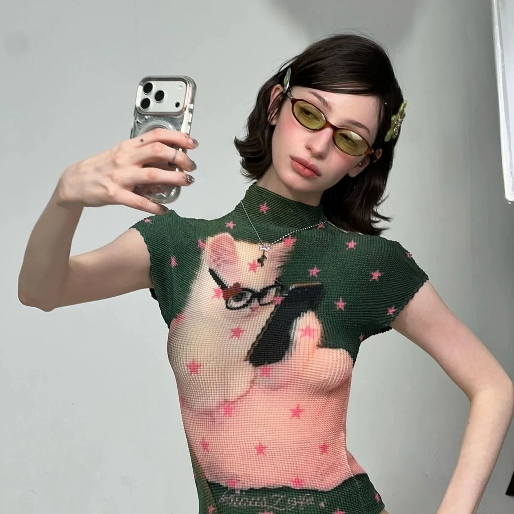 Retro Print High Elastic Design Blouse Women Summer Y2k Half High Collar Casual Thin Tops Korean Fashion 2000s Slim T-shirts New