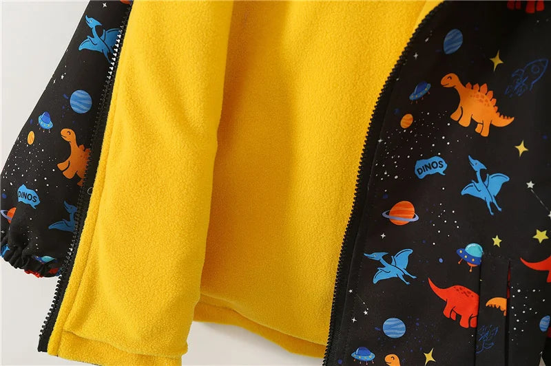 Kids Thick Warm Jackets Autumn Winter Boys Girls Fleece Hooded Coats Cartoon Dinosaur Windbreaker Outerwear Children Clothes