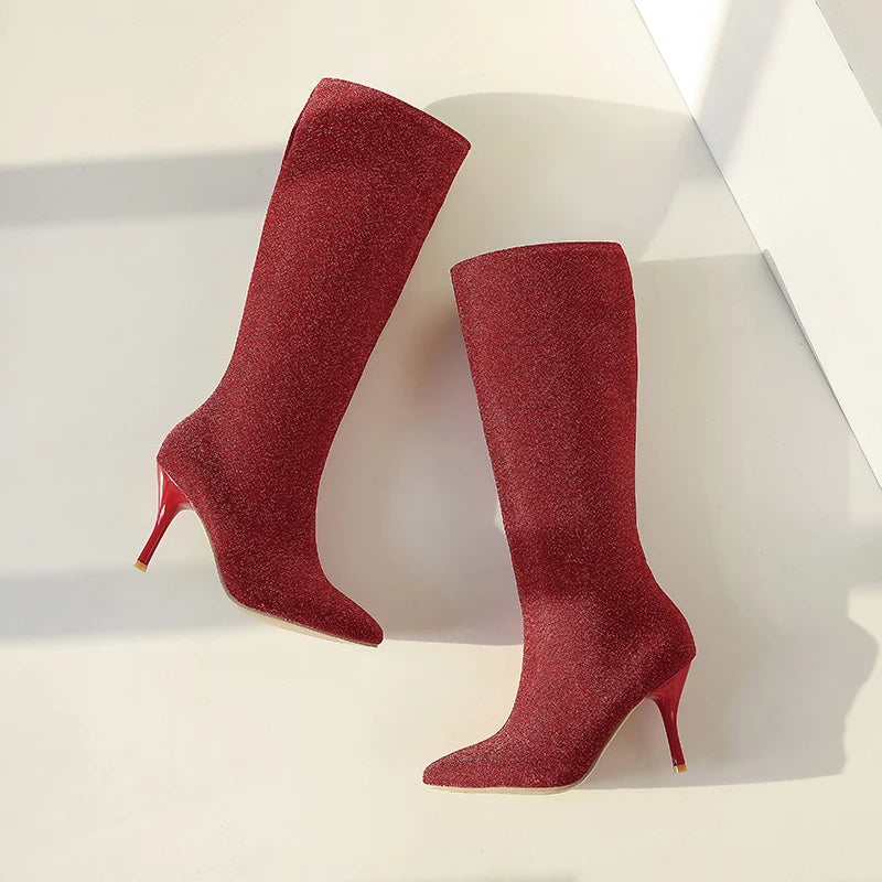 Women's Boots in Black, Red, White, and Yellow with Fine Shimmer, Pointed Toe, Stiletto Heel, Designer Style, Mid-High Boots for Women, New Autumn and Winter Elegant High-Heeled Shoes, Clearance Sale, Solid Color Simpl
