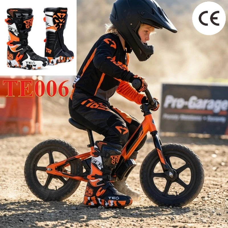 NEW TE006 Kids Motocross Boots Black Off-Road Motorcycle Boot Children Orange Youth Dirt Bike Racing Bota MX Gear for 6-12 Years
