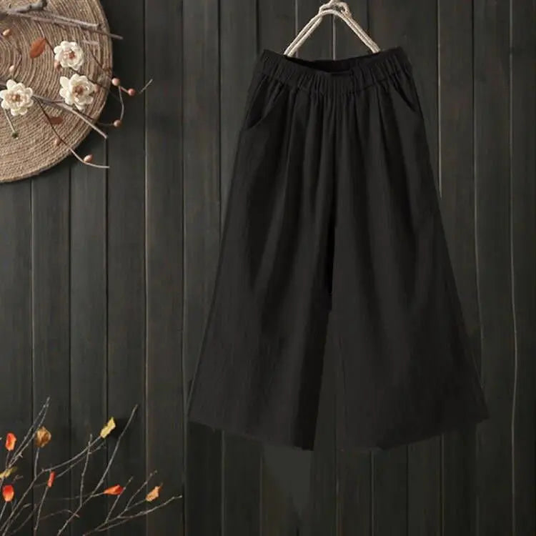 Pure Cotton Wide Leg Pants Women's Summer Loose Mom Large Size Cotton Nine Points Casual Pants High Waist Straight Cut Trousers
