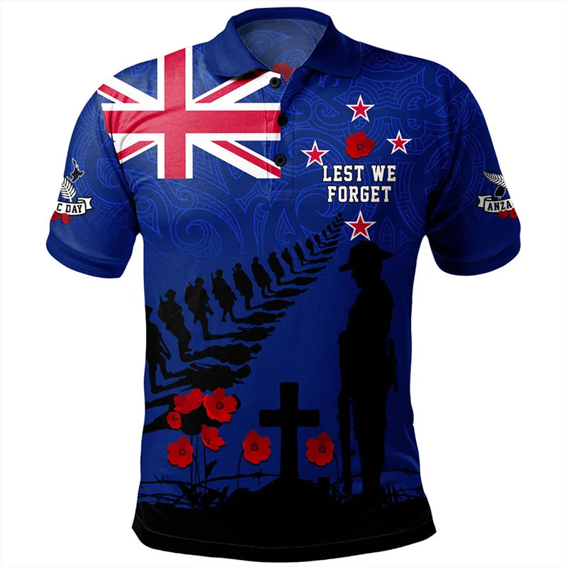 Anzac Day Polo Shirt For Men Lest We Forget Lapel Short Sleeve Golf Shirts Australia New Zealand Tonga National Day Fashion Top