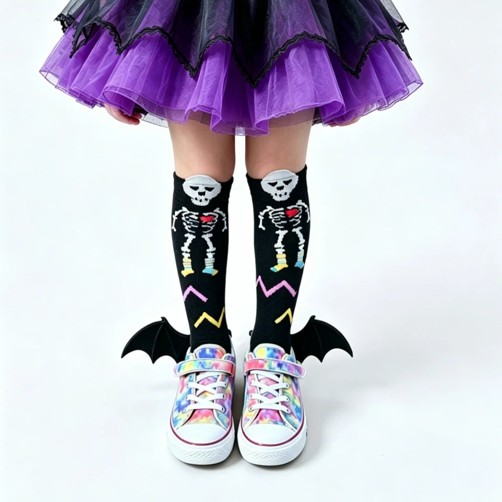 Halloween Socks for Kids Skeleton Skull Print Knee High Socks Black Boys Girls Bones Spooky Gift Ideas Carnival Theme Party