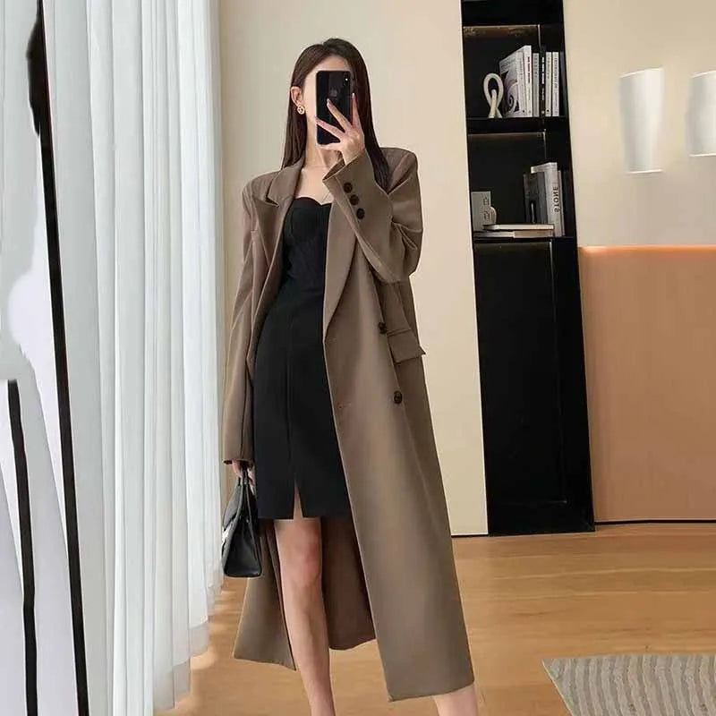 FANAN Elegant Long Trench Coat Women Korean Double Breasted Office Lady Blazer Jacket Fashion Streetwear Long Sleeved Overcoats