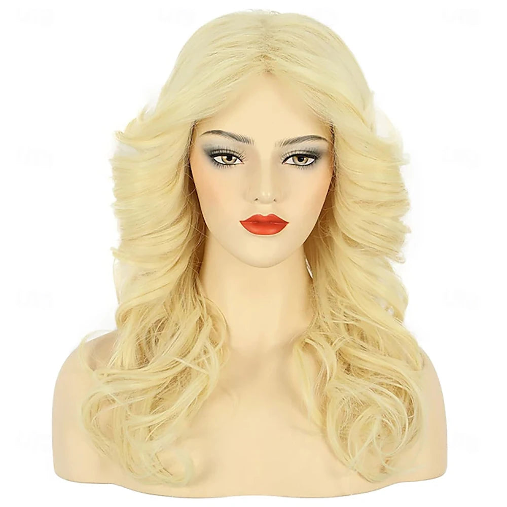 Synthetic Hair Women 70s Feathered Wig Long Blonde Wave Disco Singer Wig Vintage Costume Wig Halloween Party Costume Wig