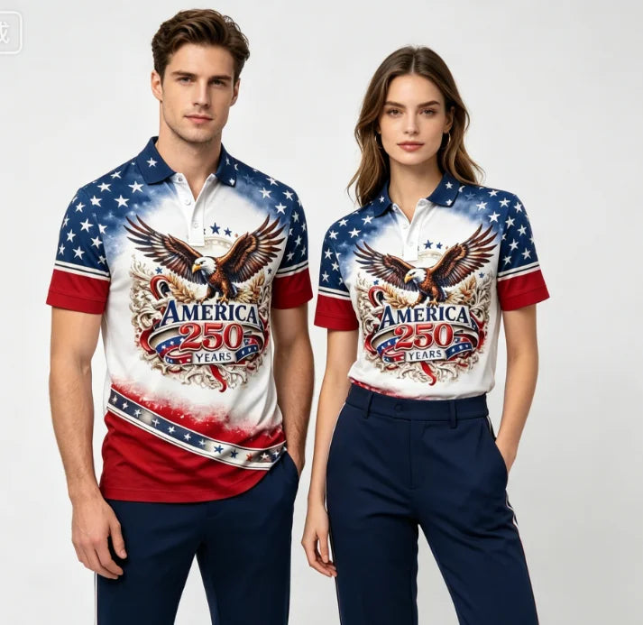 American Flag Eagle Print Couple Men's Polo Shirts Women USA Star Striped Patriotic Casual Sportswear For Independence Day