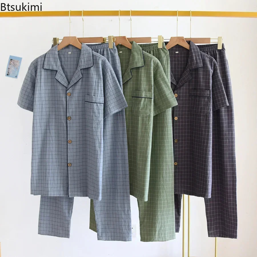 2026 Men's Spring Summer Pajamas Short Sleeved Top and Pants Washed Cotton Simple Plaid Home Service Suit Pantalon Pijama Hombre