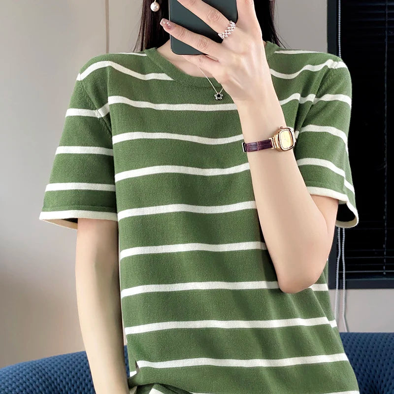 WinvyNee Summer Women 100% Cotton Striped T Shirt Women Clother Tops Short Sleeve O neck Sweater Casual Basic Pullover A1092006