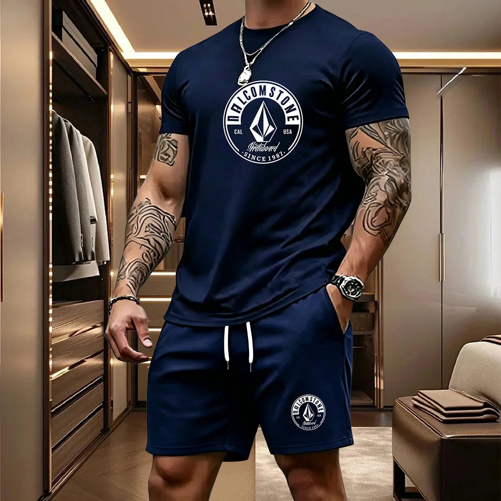 Men's Casual Sportswear 2-piece Set Classic Short Sleeved T-shirt+drawstring Pocket Shorts Street Skateboarding Outdoor Outfit