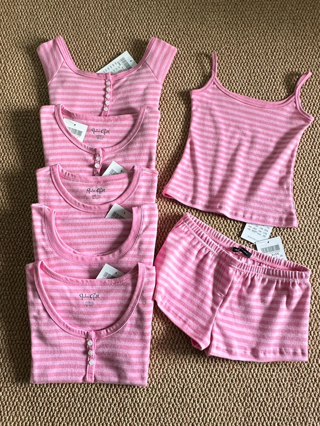 Pink Striped Collection Tshirt Women Simple Casual Cotton Buttons T-shirts Sweet Cute Preppy Style Camisole+Slim Short Pants Y2K