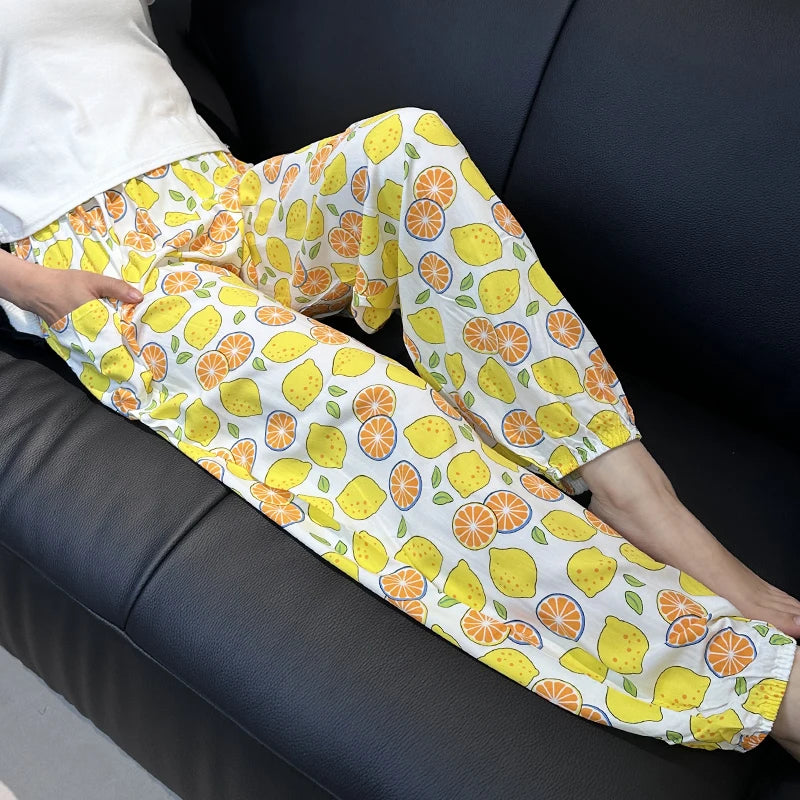 Cool Summer New Silk Cotton Spwear Loose Women's Wide Leg Pants Home Wear Floral Print Heat Resistant Comfortable Casual T...