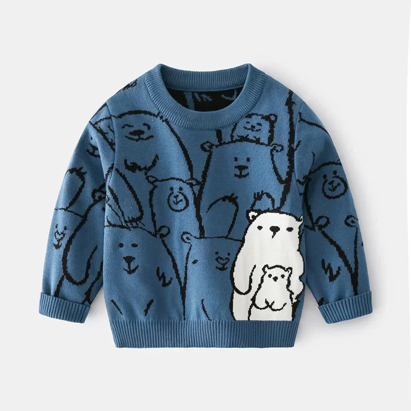 New 2023 Kids Children Pullover Sweater Autumn Winter Boys Cute Cartoon Jacquard O-neck Knitted Jumper Sweaters Tops Clothing