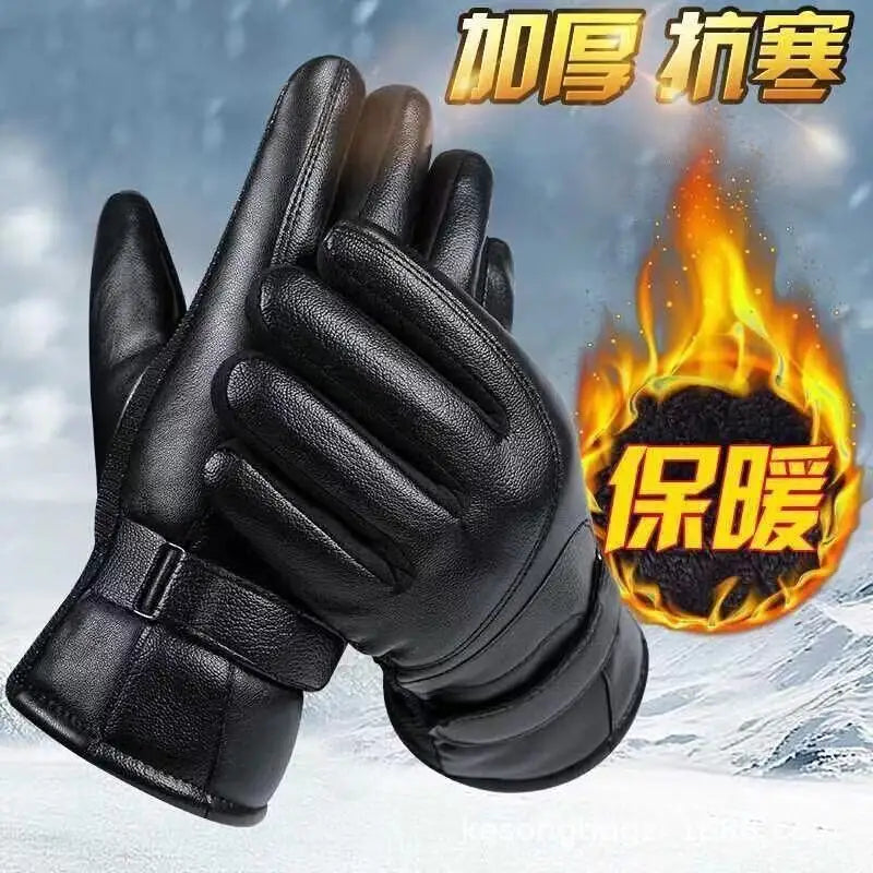 Leather Gloves for Men in Winter, Warm and Cold Resistant, Cycling Waterproof, Touch Screen, Motorcycle Windproof Gloves
