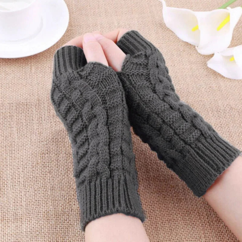 Winter Fingerless Gloves for Women, Computer Short Warm and Extended Korean Style Half-Finger Knitted Flat Gloves
