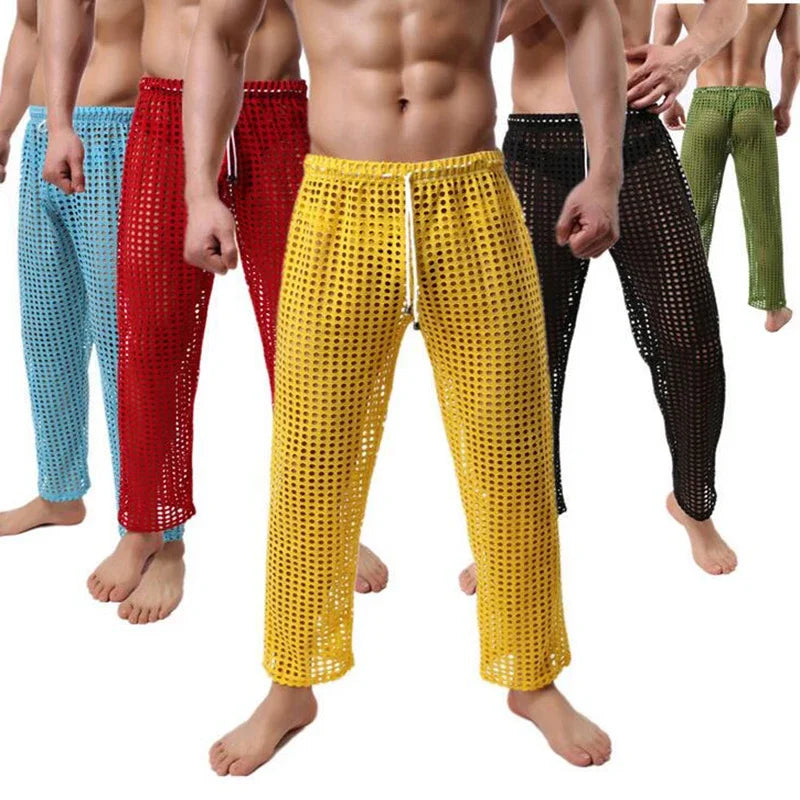 Mens Pajamas Sexy Mesh See Through Long Pants Sleepwear Fishnet Hollow Out Fitness Trousers Sleep Bottoms Sexy Underwear