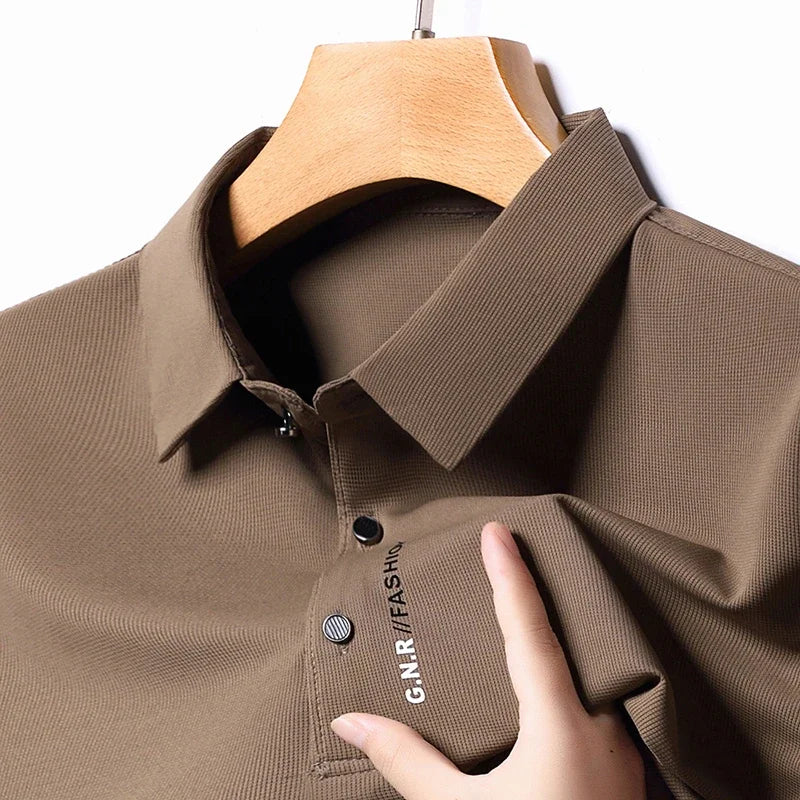 Men's Short Sleeve Solid Color Polo Shirt New Breathable Comfortable Elastic Top for Casual Wear