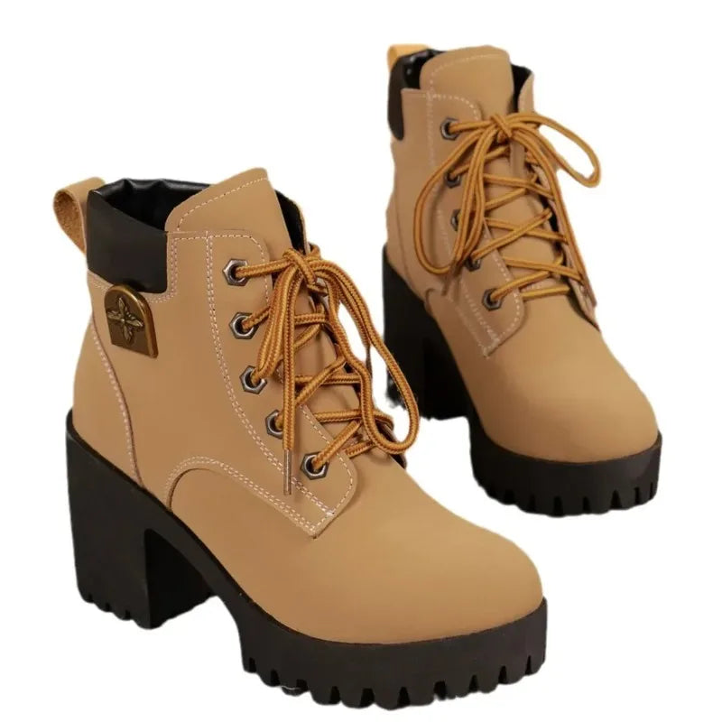 New Fashion Platform Boots for Women Retro Round Toe Coarse Heeled Ankle Boots Autumn High Heel Shoes for Women Botas Para Mujer